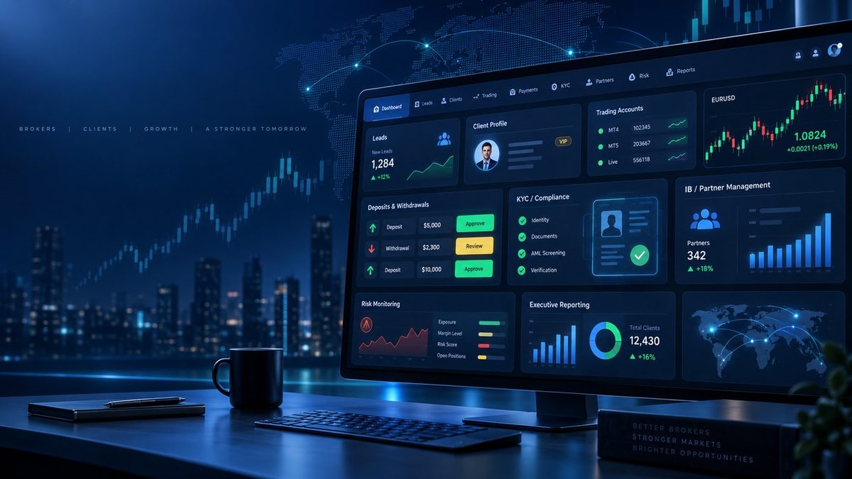 Forex CRM dashboard for brokers with trading accounts, KYC, risk management, IB management and reporting