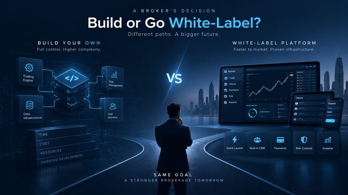 White label trading platform and brokerage technology dashboard representing trading, payments, CRM, risk management, and broker infrastructure